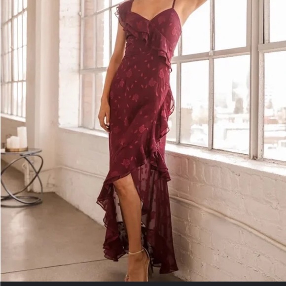 Lulus Burgundy Forever Be Floral Jacquard Ruffled Asymmetrical Maxi Dress NWOT S - Picture 2 of 16